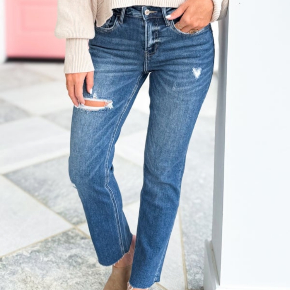Lovervet high rise medium wash straight leg jean